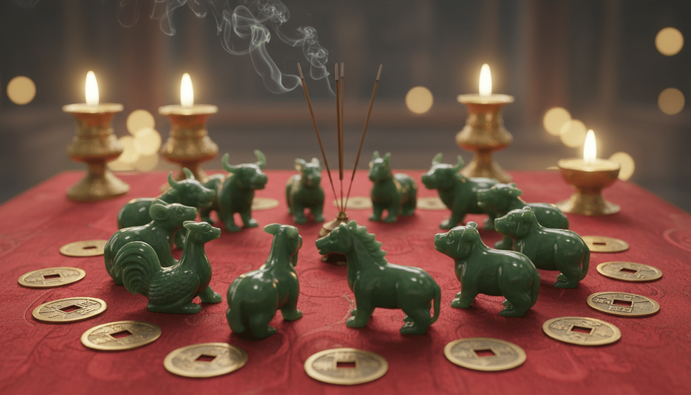 Elegant Chinese astrology scene with jade zodiac animals arranged in a circle on a red silk cloth, g