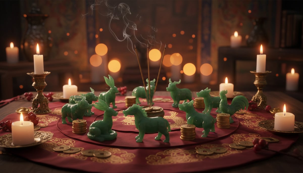 Elegant Chinese astrology scene with jade zodiac animals arranged in a circle on a red silk cloth, g