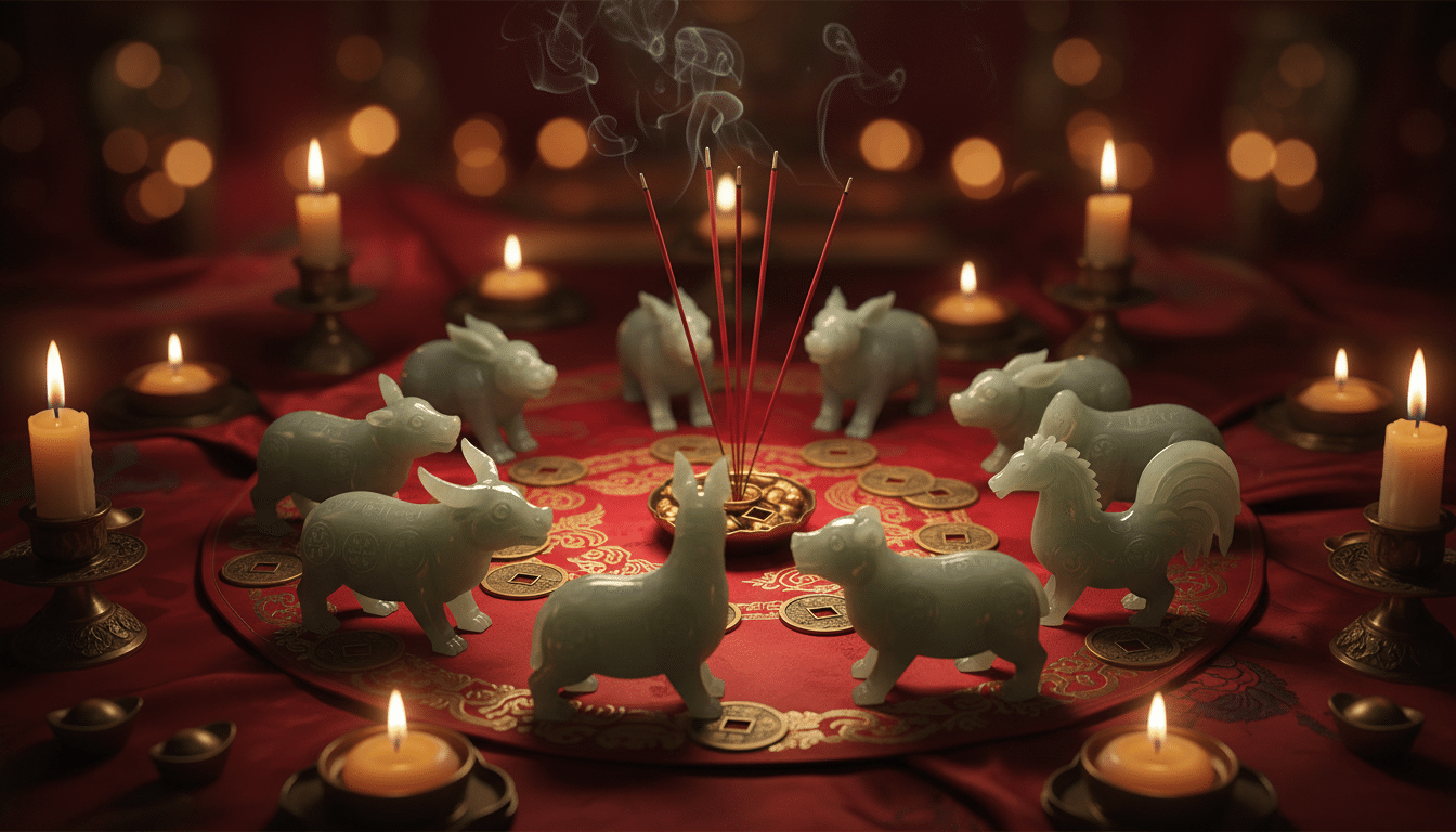 Elegant Chinese astrology scene with jade zodiac animals arranged in a circle on a red silk cloth, g