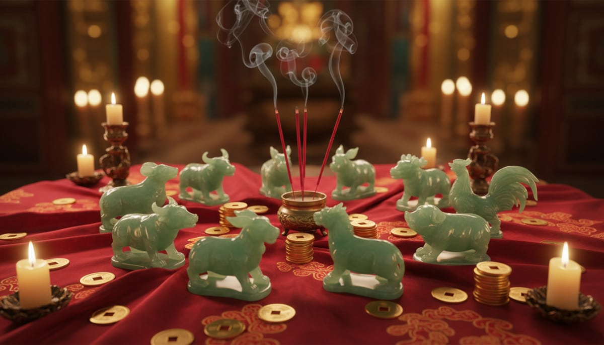 Elegant Chinese astrology scene with jade zodiac animals arranged in a circle on a red silk cloth, g