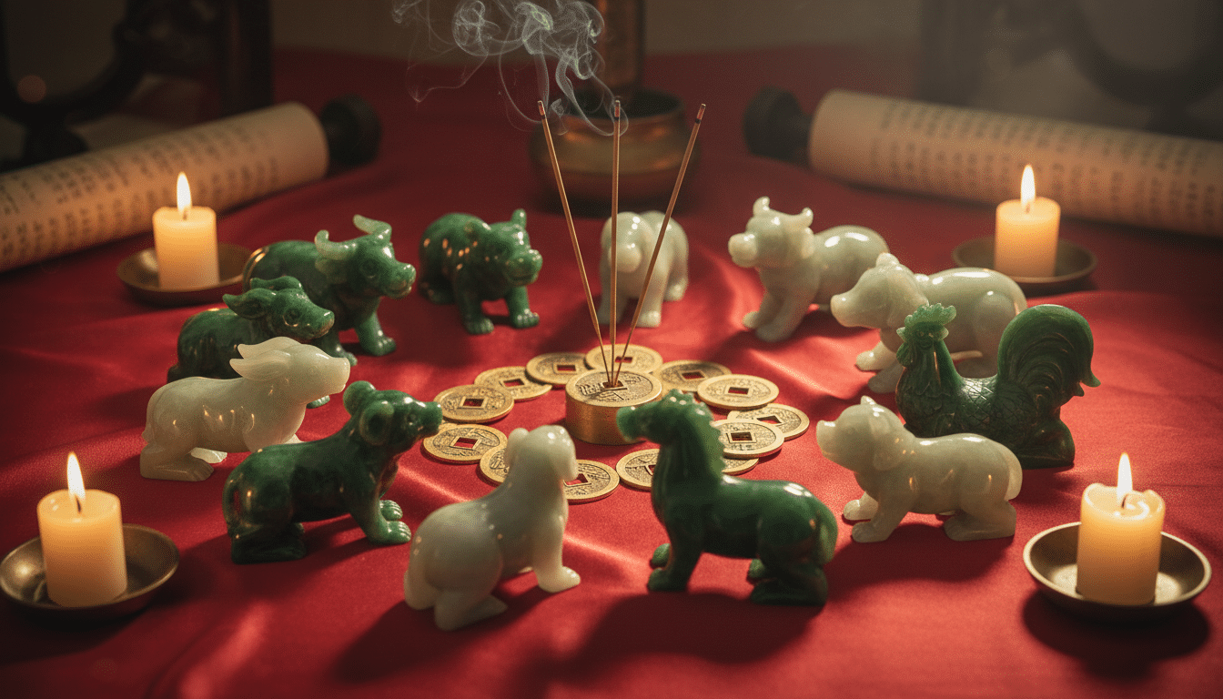 Elegant Chinese astrology scene with jade zodiac animals arranged in a circle on a red silk cloth, g