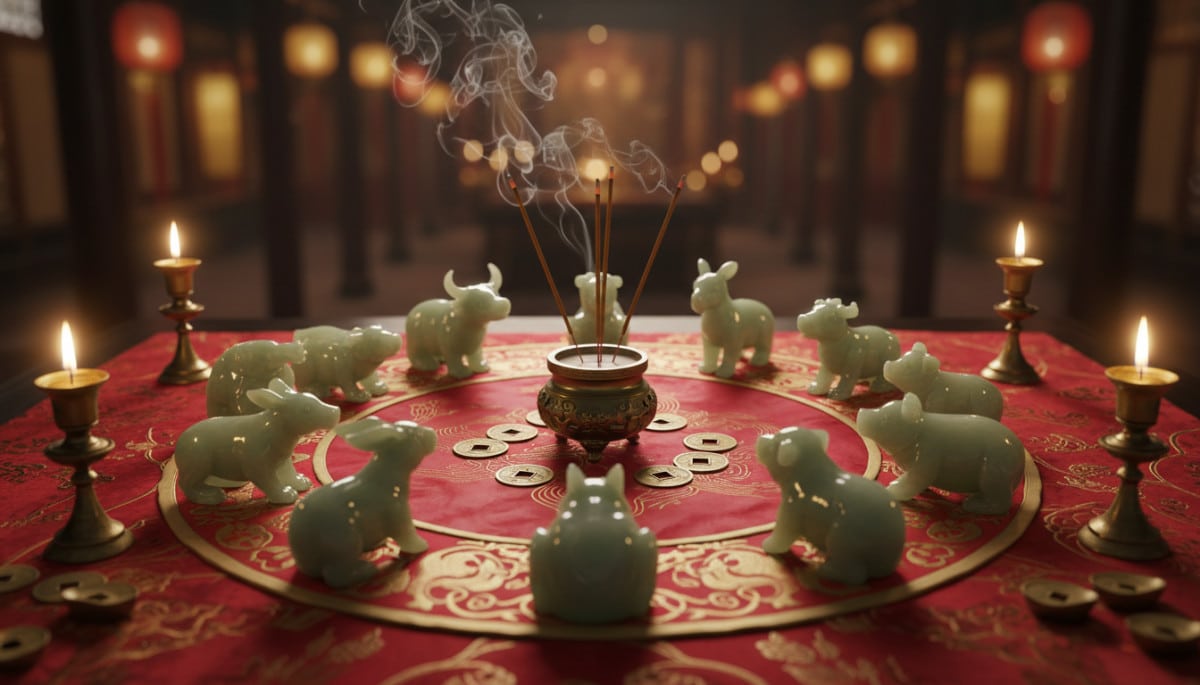 Elegant Chinese astrology scene with jade zodiac animals arranged in a circle on a red silk cloth, g