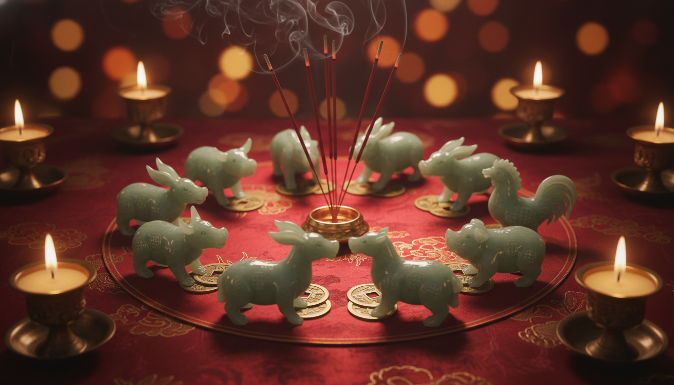 Elegant Chinese astrology scene with jade zodiac animals arranged in a circle on a red silk cloth, g