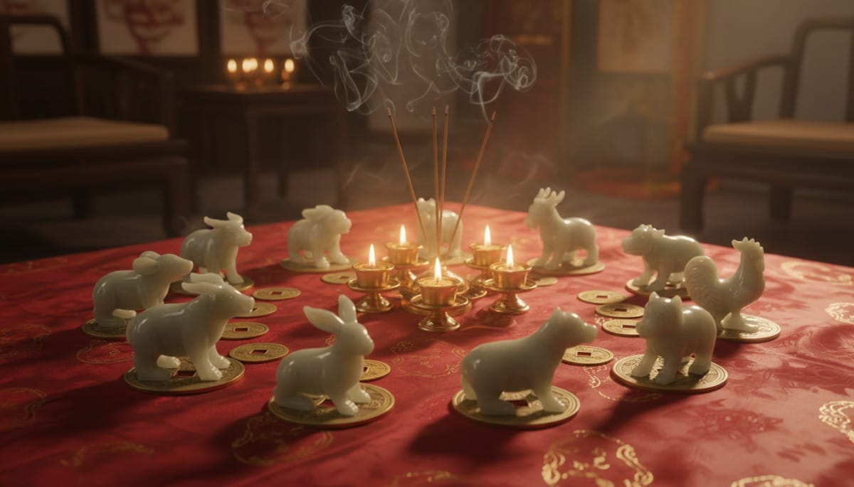 Elegant Chinese astrology scene with jade zodiac animals arranged in a circle on a red silk cloth, g