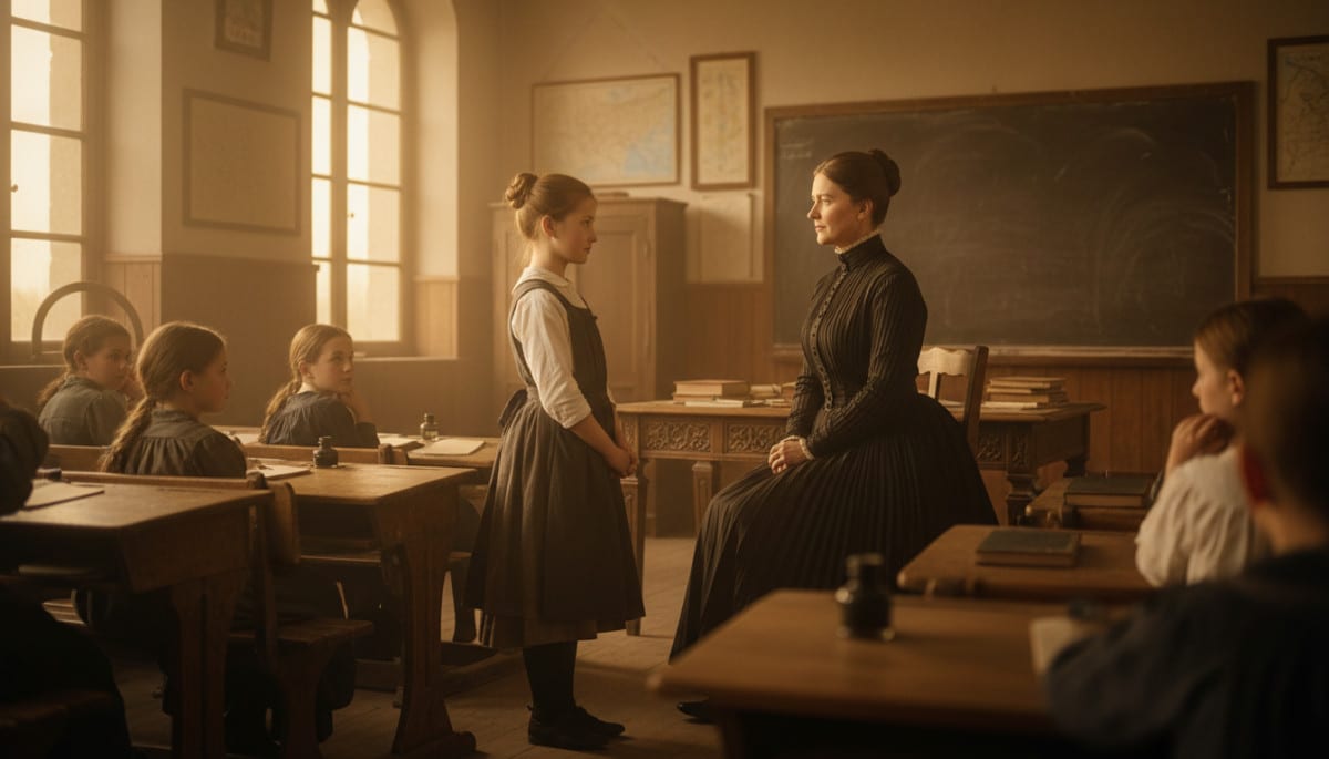Élève s'adressant respectueusement à une institutrice française en 1900