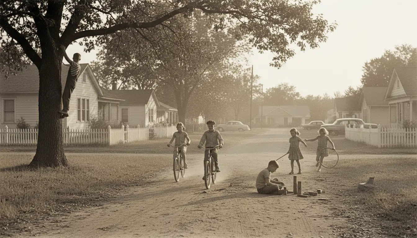 Enfants jouant librement dans une rue des années 60