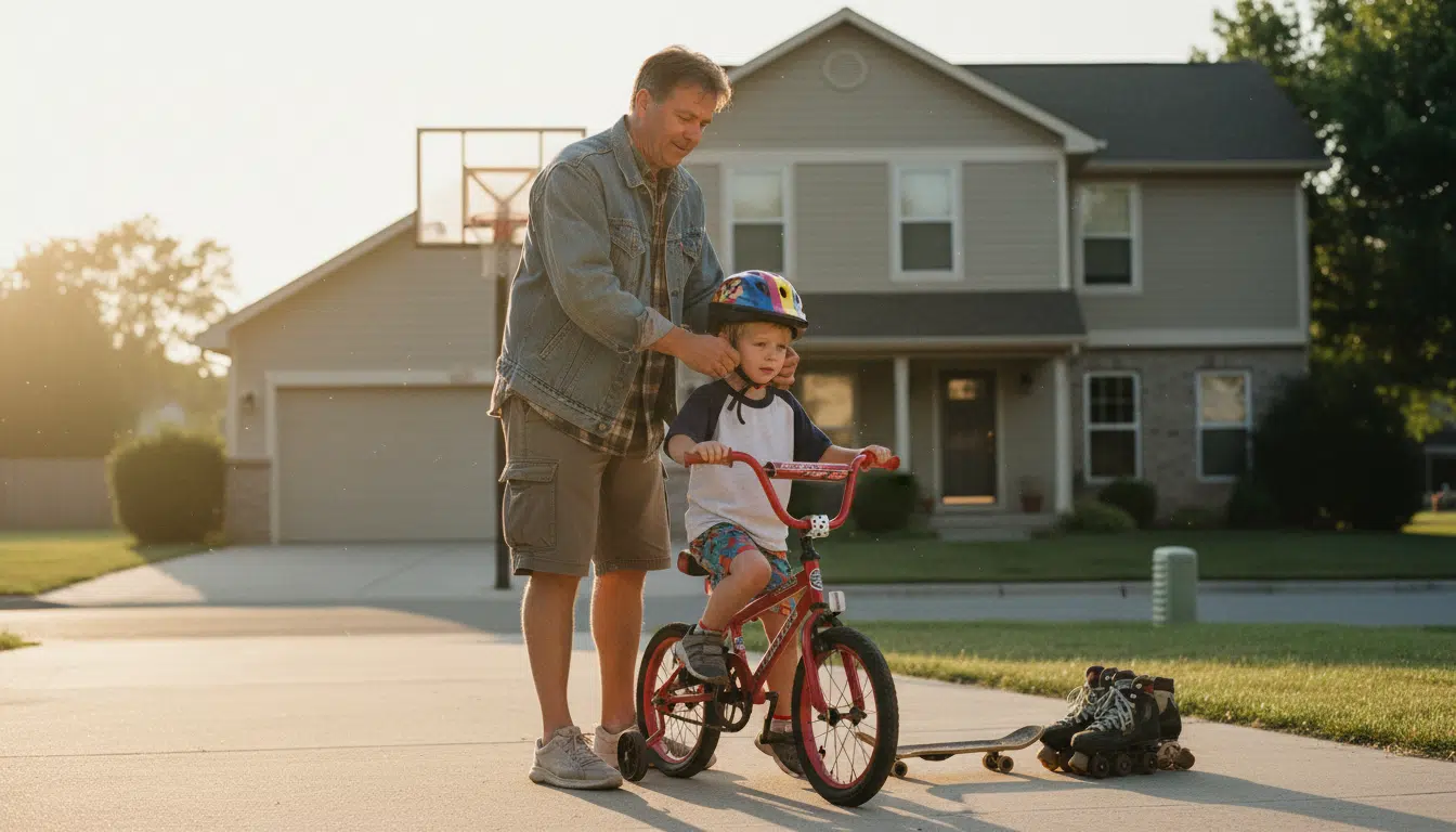 Parent protecteur équipant son enfant avant de jouer dehors