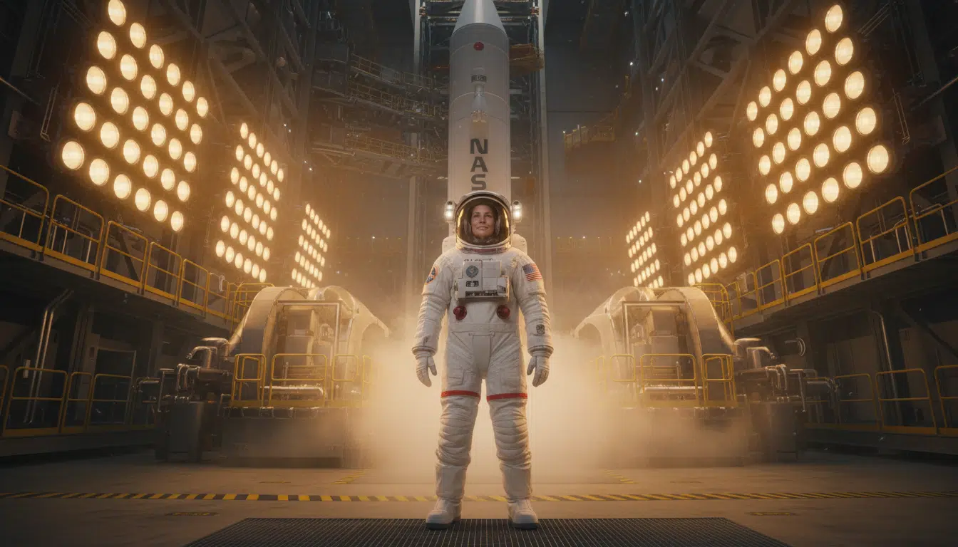 Astronaut in full white NASA space suit standing under warm golden floodlights inside a modern launch facility, visor up, determined and confident expression, dramatic atmospheric lighting, photorealistic, cinematic composition