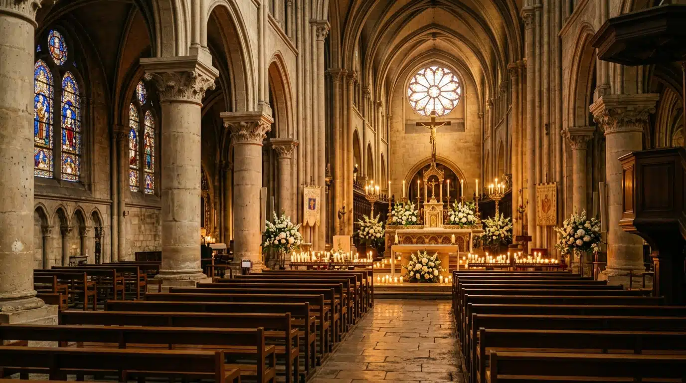 Intérieur d'une église parisienne baignée de lumière de bougies pour une cérémonie intime