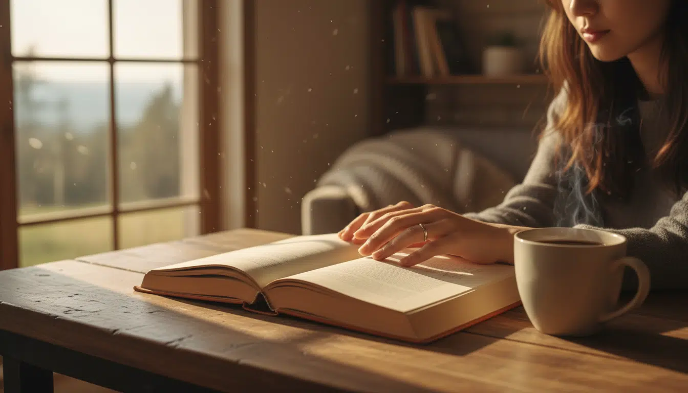 Livre ouvert sur une table avec lumière dorée