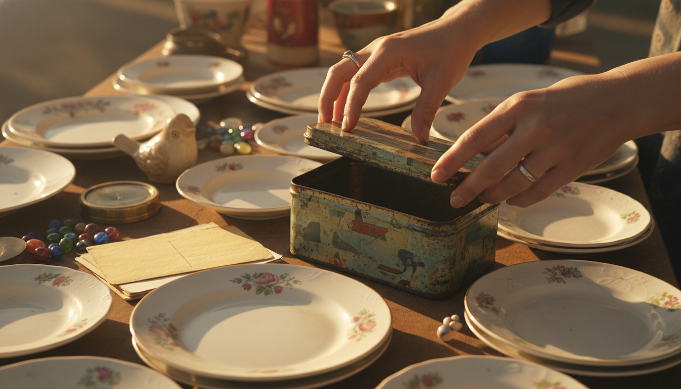 Femme ouvrant une vieille boîte en fer en brocante