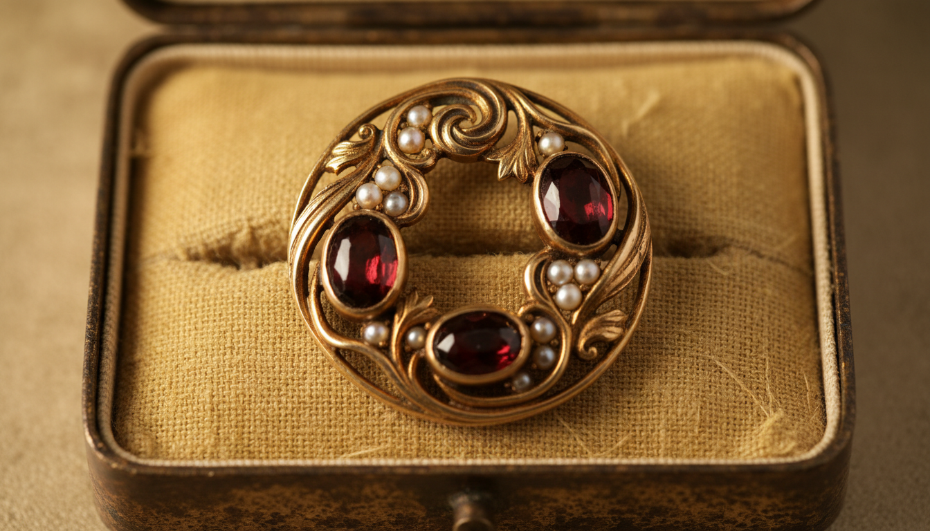 Pendentif ancien en or avec grenats dans une boîte