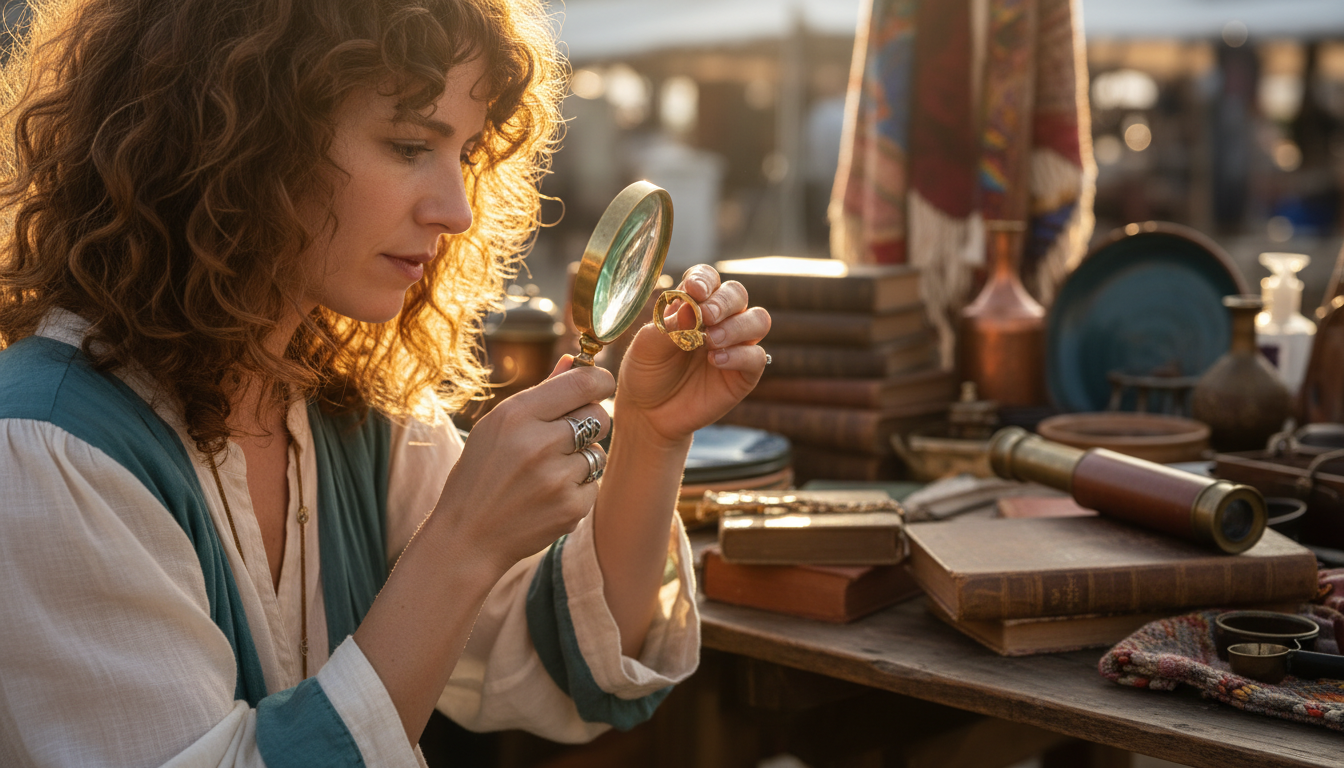 Chineuse examinant un poinçon sur un bijou à la loupe