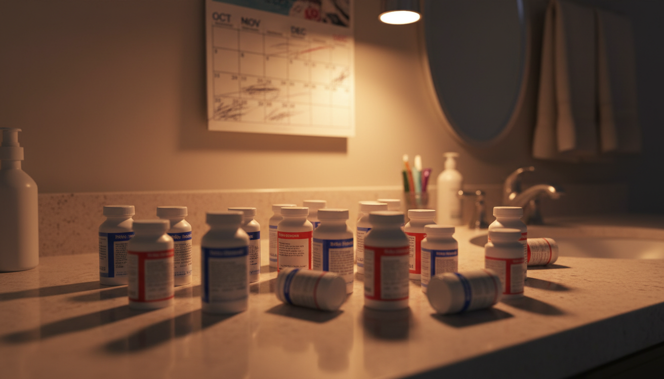 Flacons de médicaments sur ordonnance alignés sur un comptoir