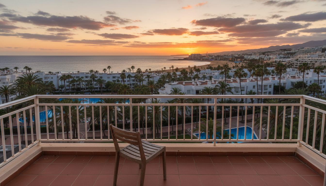 Balcon vide à Playa del Inglés au coucher du soleil