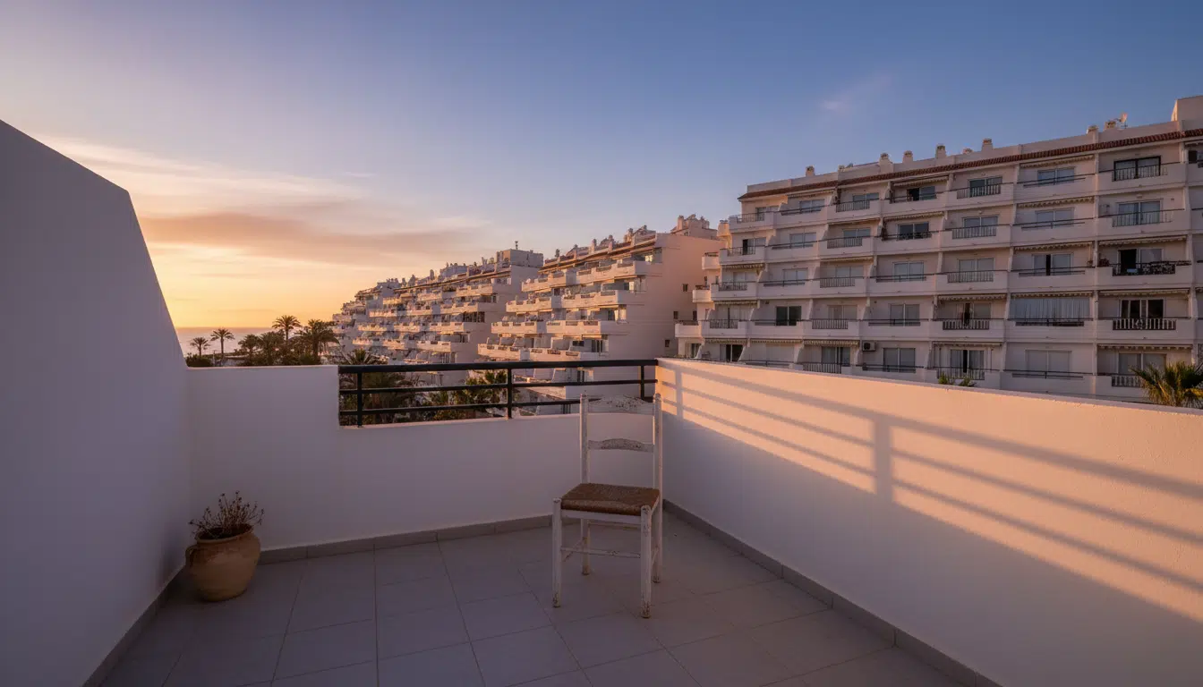 Balcon vide d'un appartement à Playa del Inglés au crépuscule