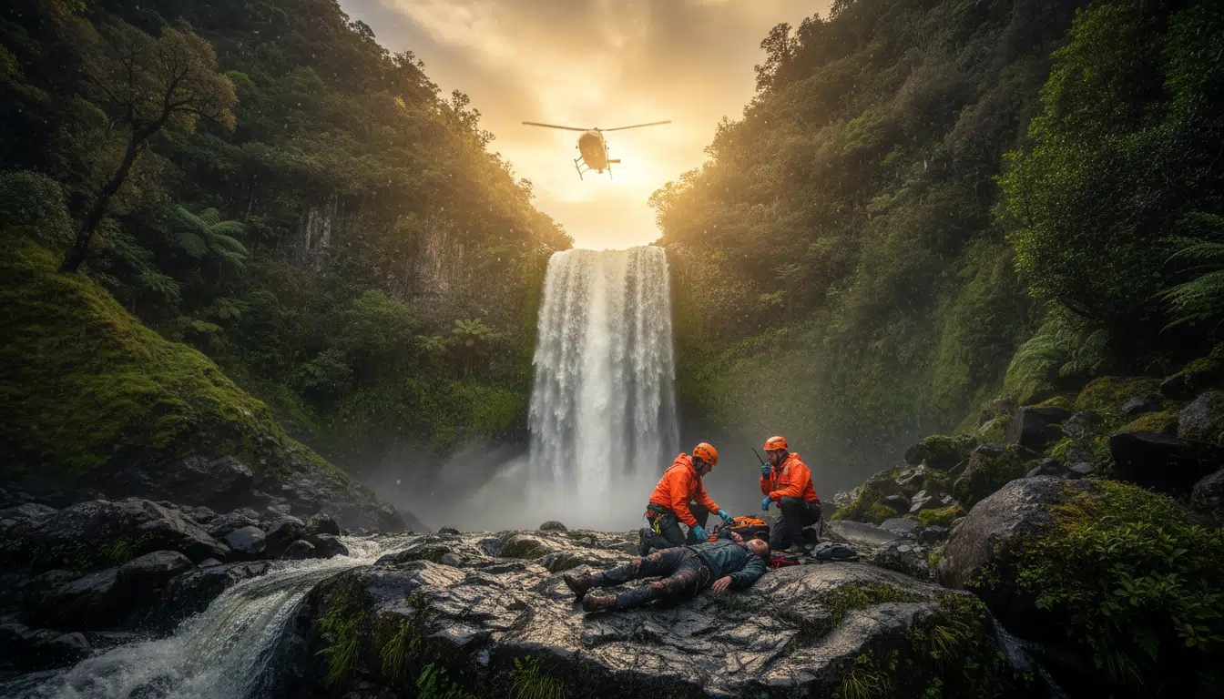 Sauvetage au pied d'une cascade en Nouvelle-Zélande