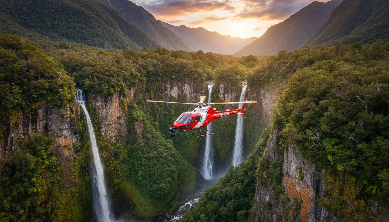 Hélicoptère survolant une gorge néo-zélandaise pour les recherches