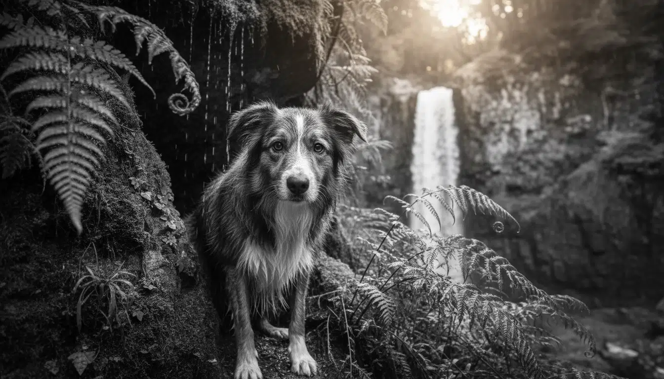 Border collie réfugié dans les rochers près d'une cascade