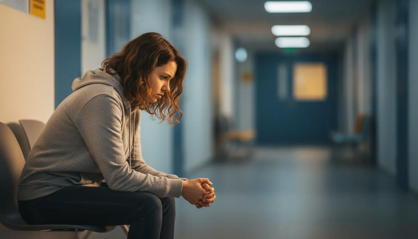 Jeune femme inquiète assise dans une salle d'attente d'hôpital