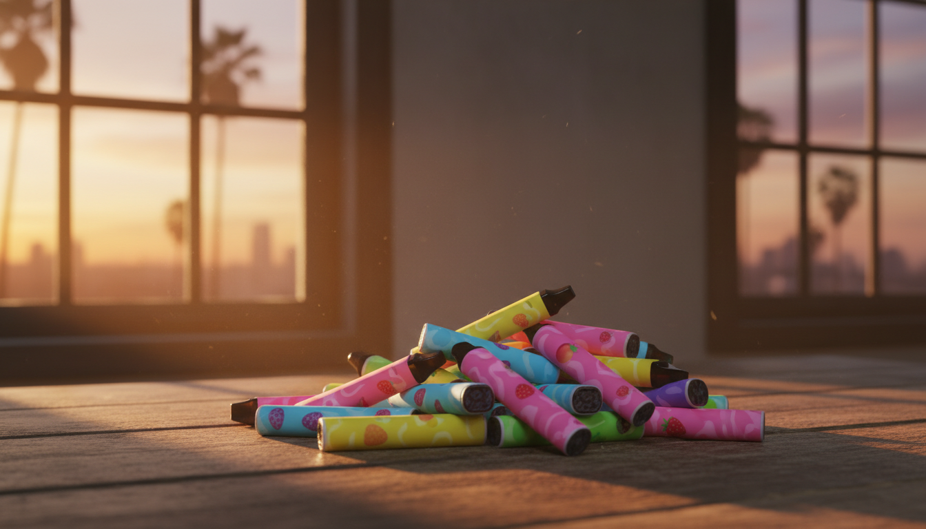 Puffs jetables colorées étalées sur une table