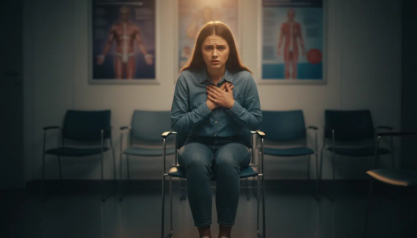 Jeune femme anxieuse dans une salle d'attente médicale