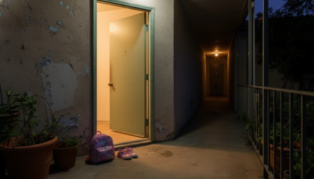 Entrée d'un appartement avec des affaires d'enfant abandonnées
