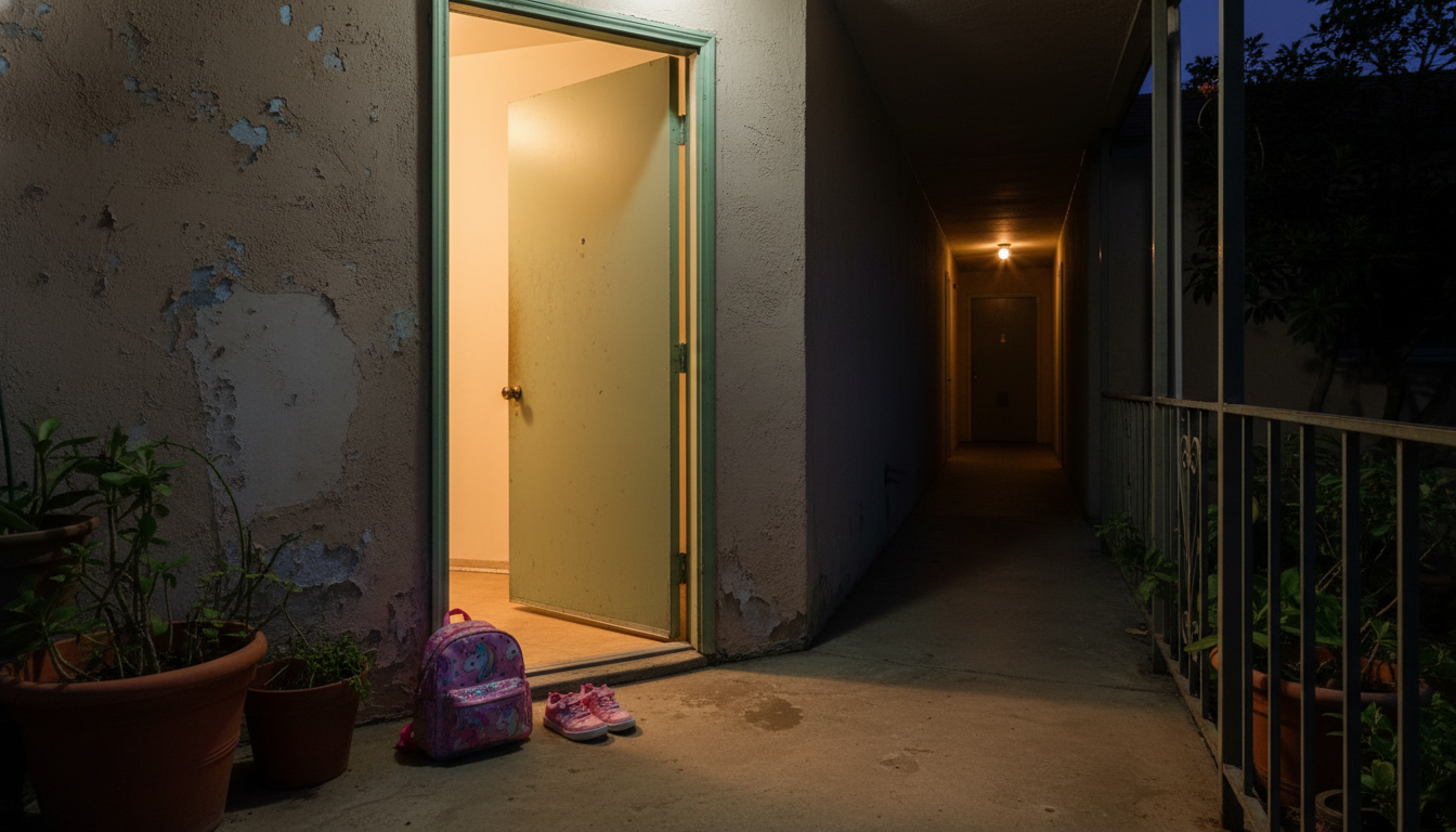 Entrée d'un appartement avec des affaires d'enfant abandonnées