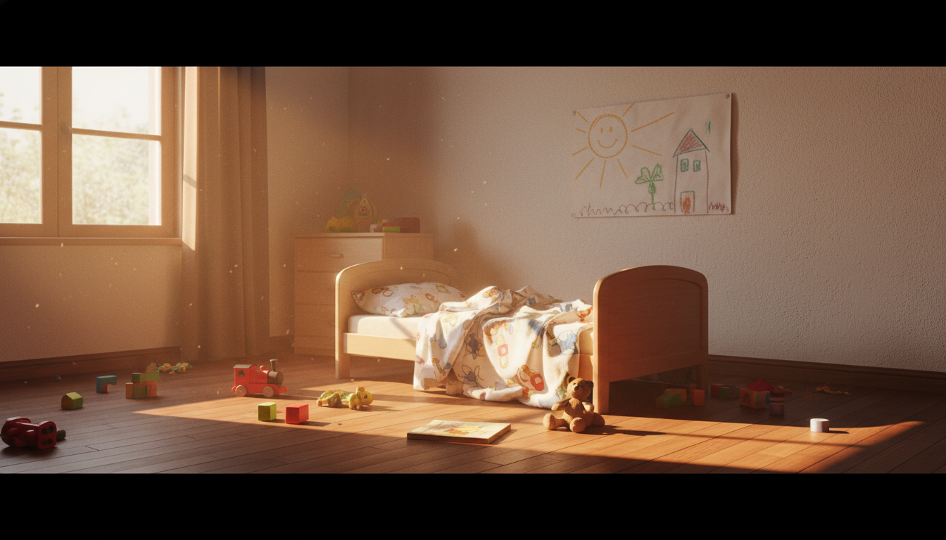 Chambre d'enfant vide avec jouets et lit défait