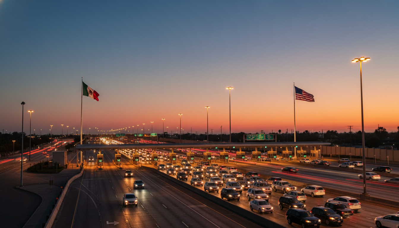 Poste-frontière entre Tijuana et San Diego au crépuscule