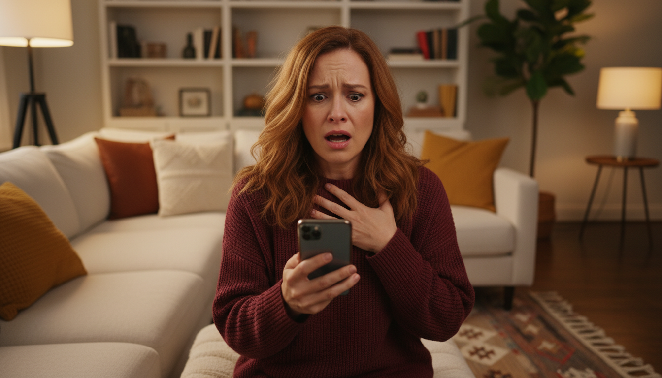 Femme choquée lisant un message sur son téléphone