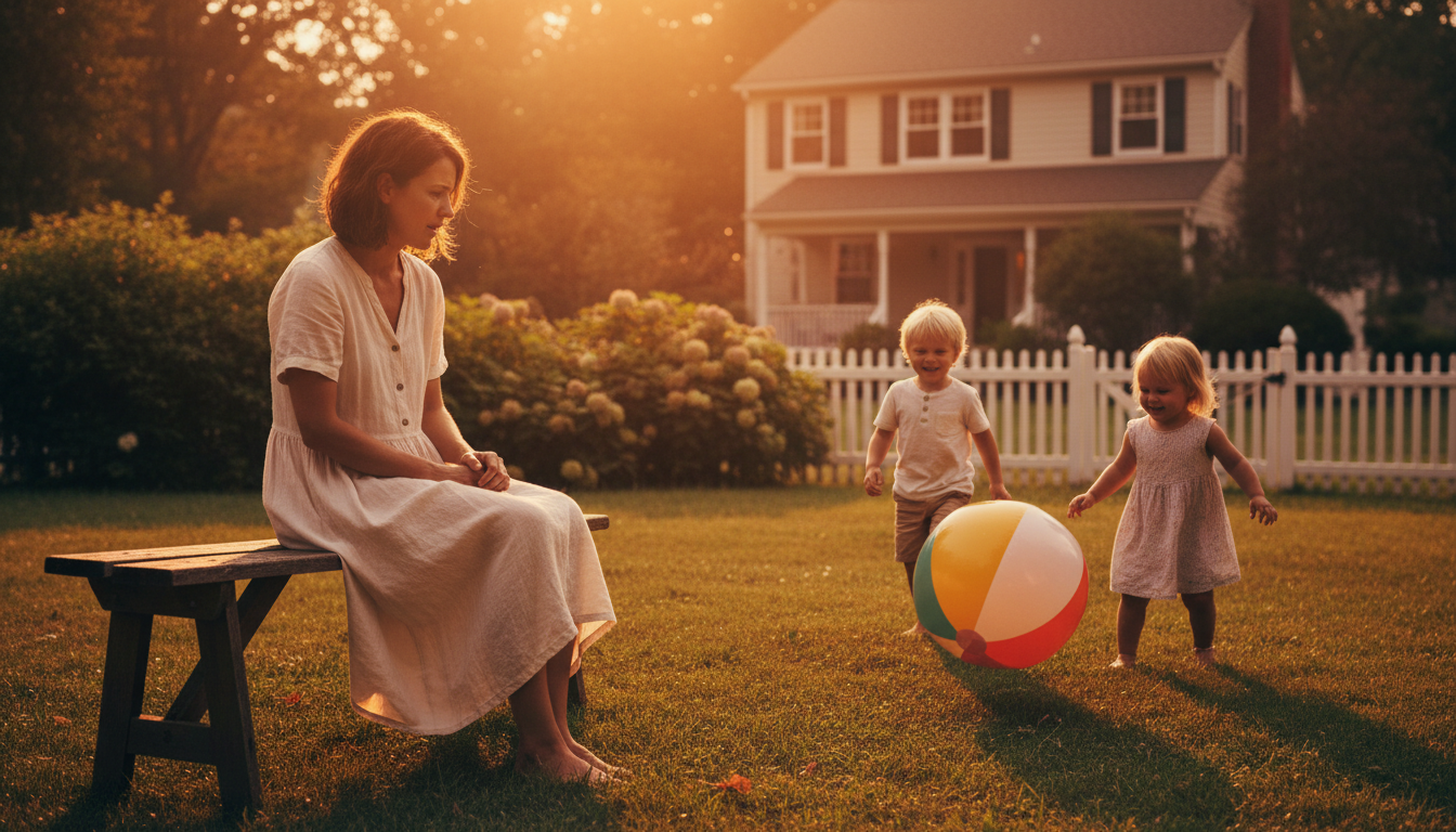 Mère inquiète observant ses enfants jouer dans un jardin