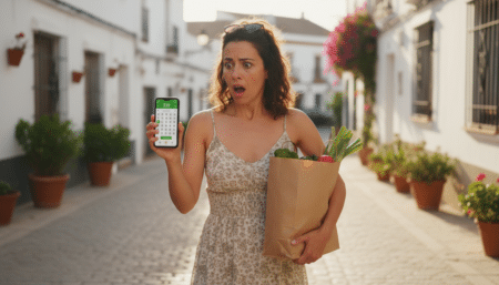 Femme espagnole découvrant son gain sur son téléphone