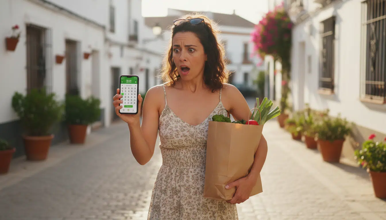 Femme espagnole découvrant son gain sur son téléphone