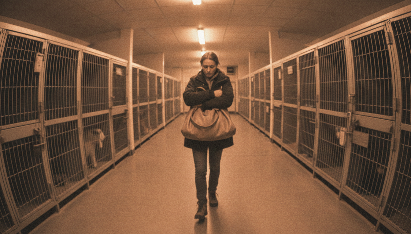 Femme quittant un refuge avec un sac à main suspect