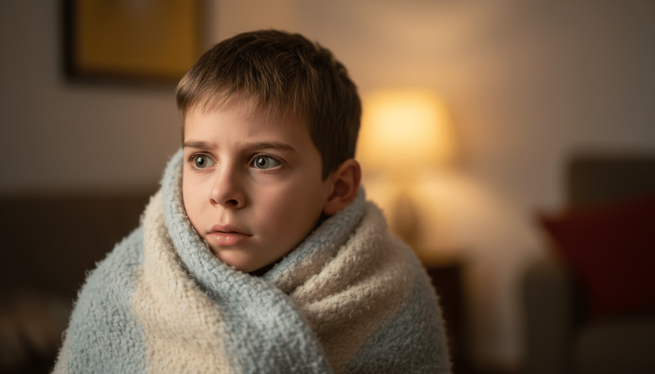 Jeune garçon choqué enveloppé dans une couverture