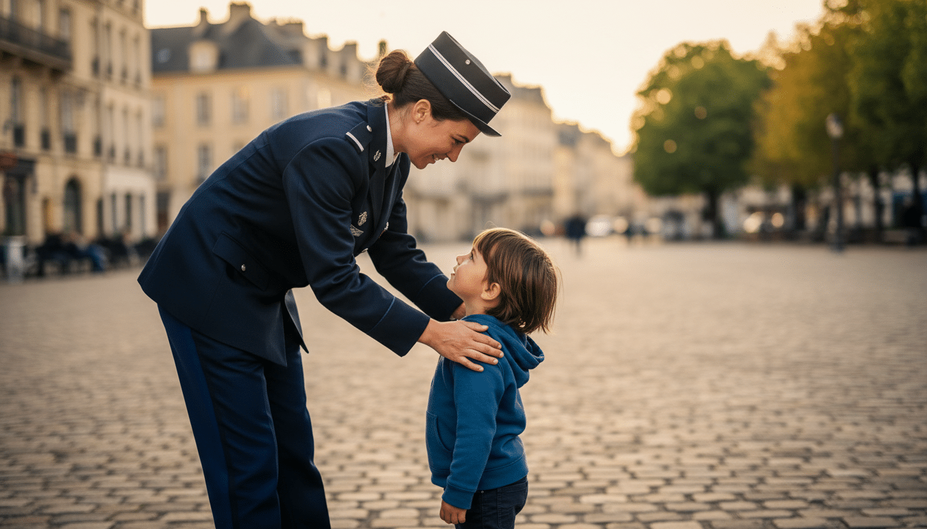 Policière accompagnant un enfant en sécurité