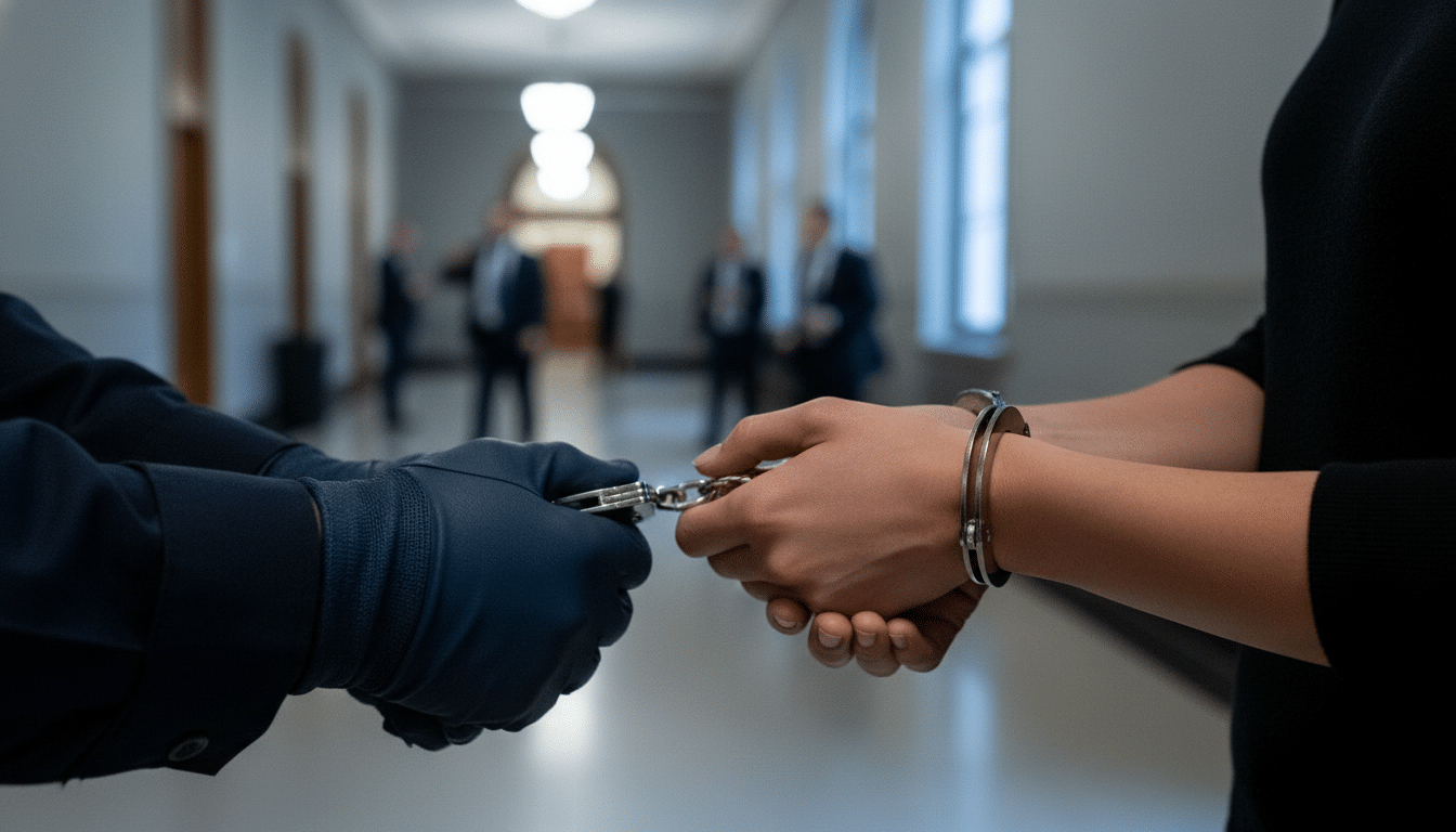 Menottes sur les poignets d'une suspecte