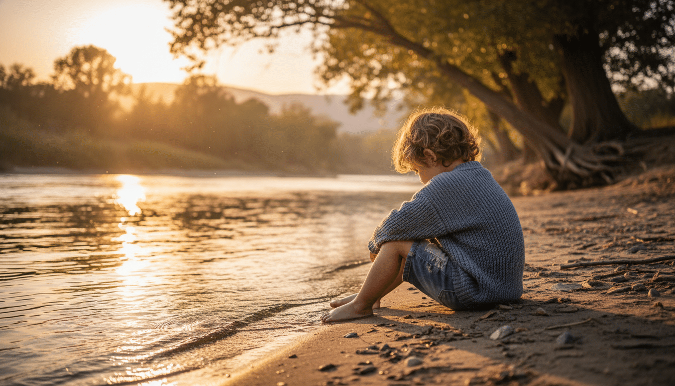 Enfant seul assis au bord d'un canal