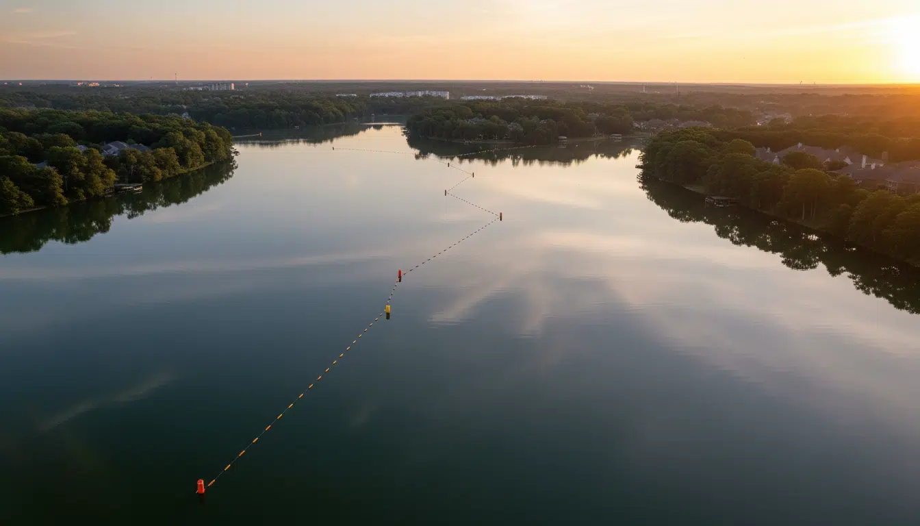 Vue aérienne du lac Woodlands au Texas à l'aube, bouées de natation visibles sur l'eau calme