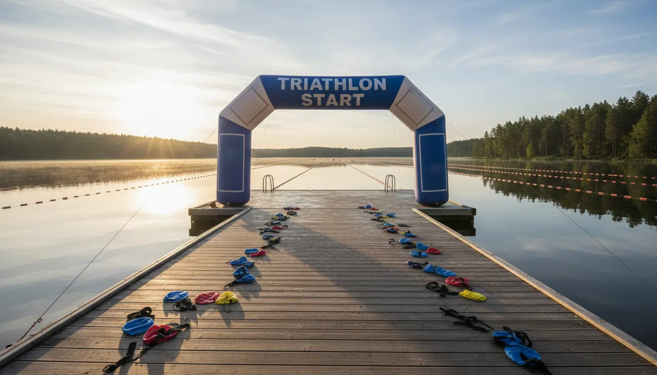 Zone de départ d'un triathlon Ironman au bord d'un lac, sans coureurs, ambiance matinale
