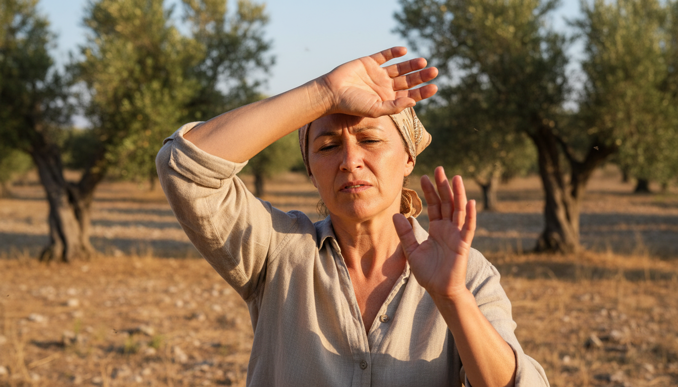 Femme se protégeant des mouches dans la campagne grecque