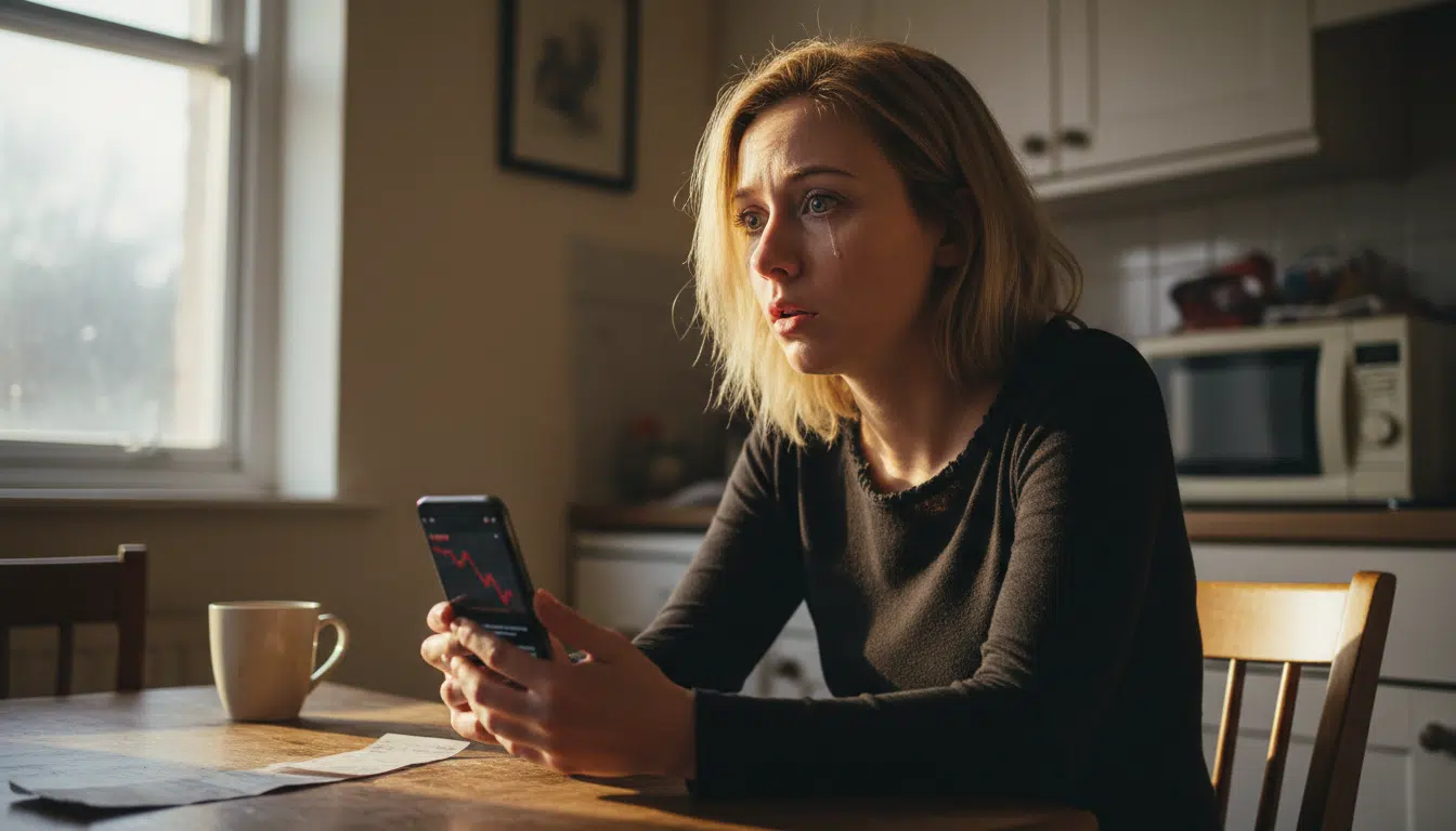 Mère britannique choquée regardant son téléphone