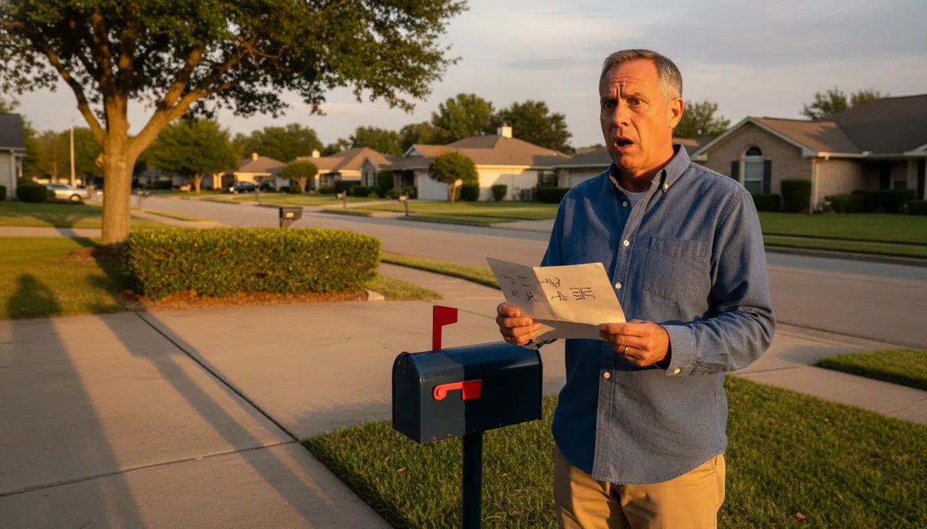Homme choqué découvrant une lettre devant sa boîte aux lettres
