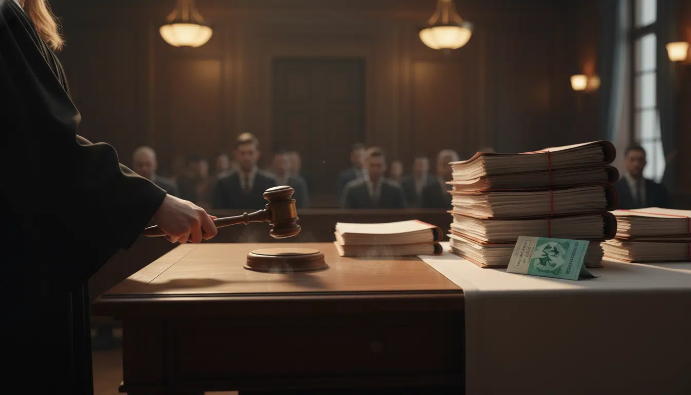 Marteau de juge dans un tribunal avec documents juridiques