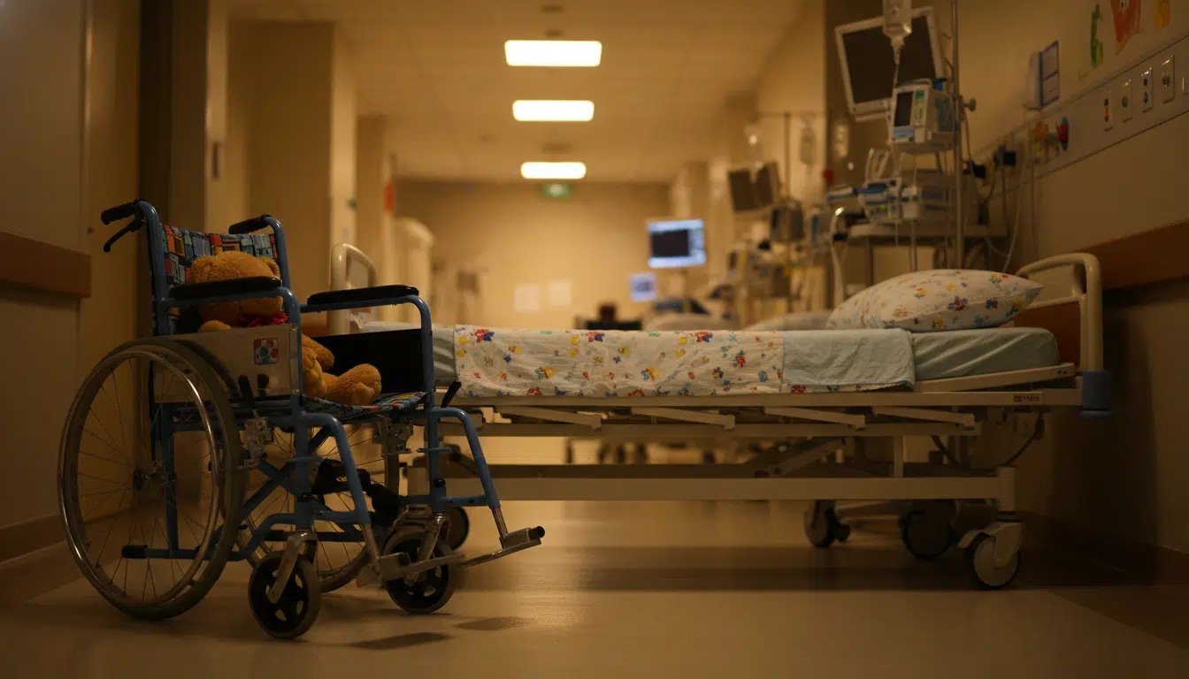 Fauteuil roulant vide dans un couloir d'hôpital pédiatrique