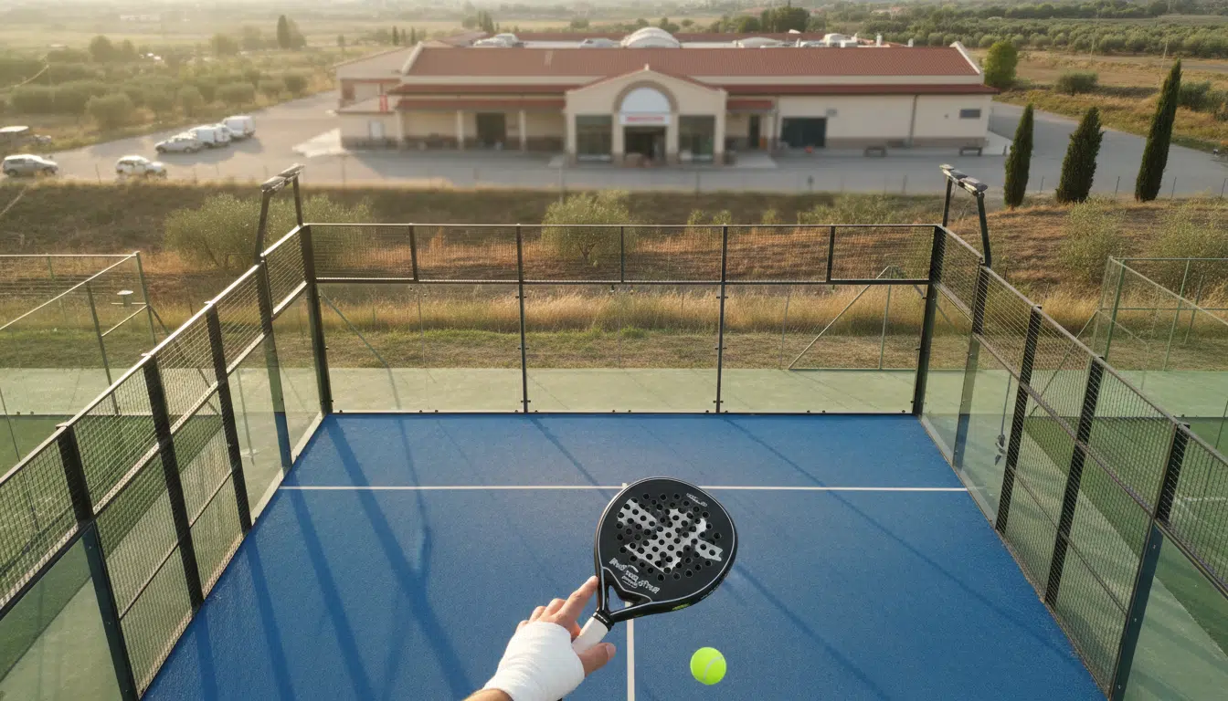 Raquette de padel sur un terrain avec pouce bandé