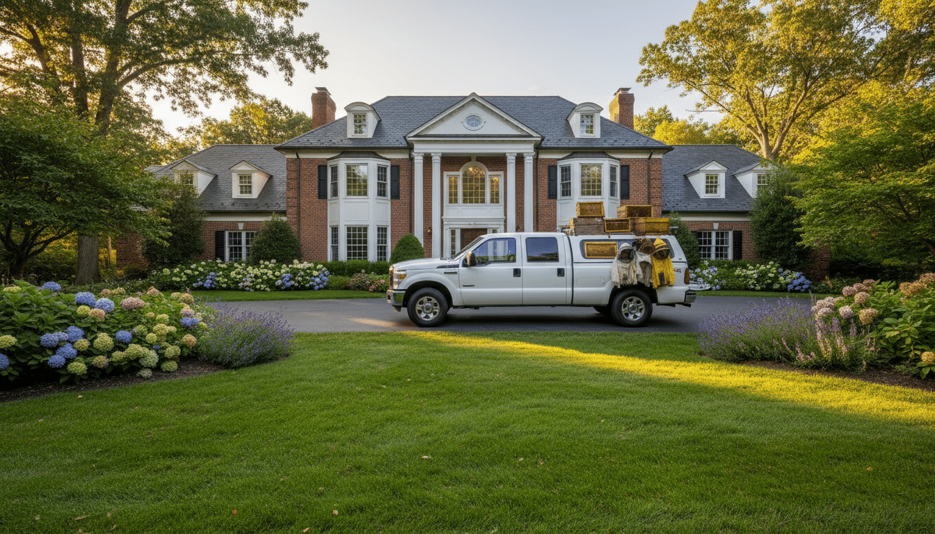 Camion d'apicultrice garé devant une maison de luxe au Massachusetts