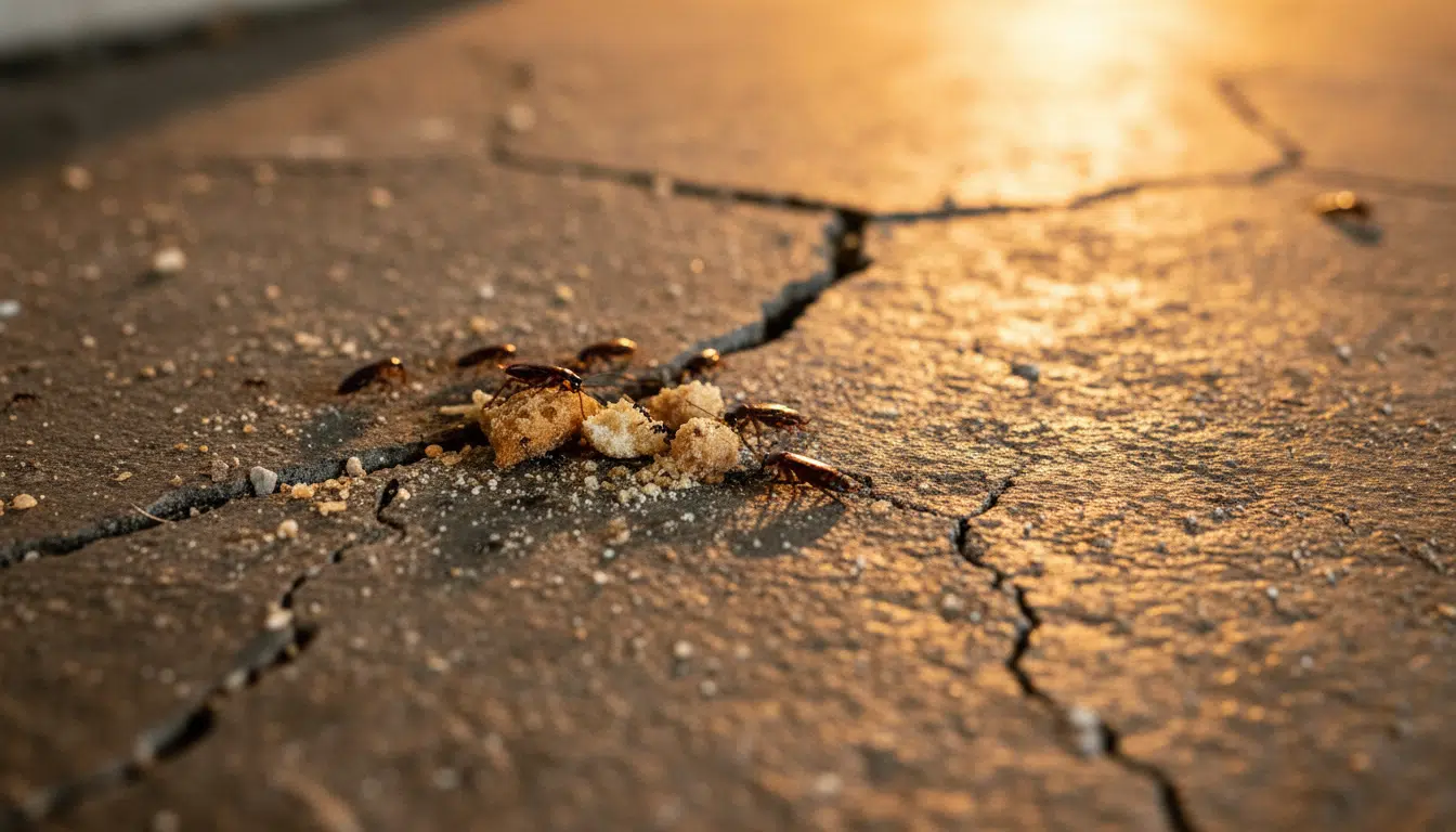 Cafards et fourmis sur un sol sale en gros plan