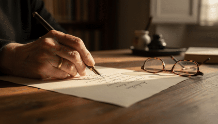Main âgée rédigeant un testament manuscrit sur une table en bois